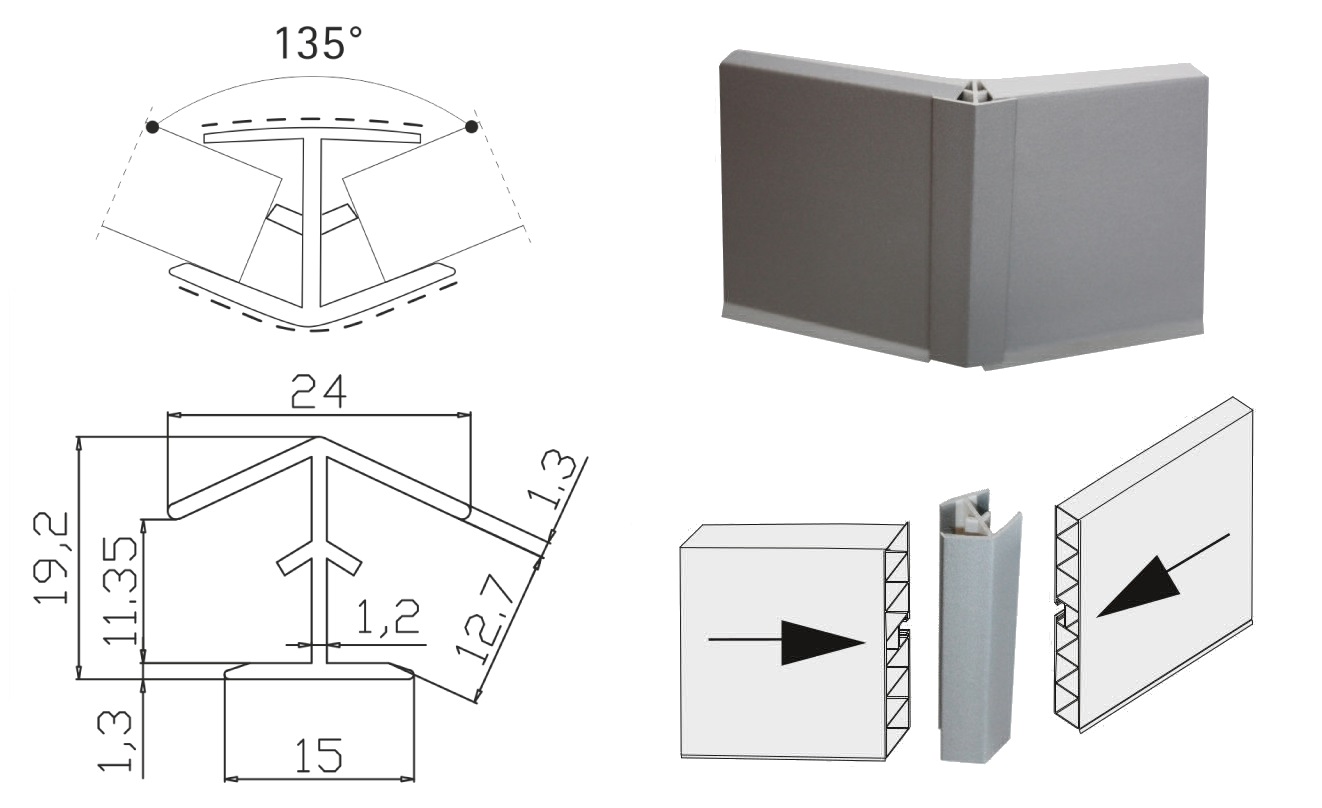 Угловой элемент цоколя 135 гр Н 100 АЛЮМИНИЙ 